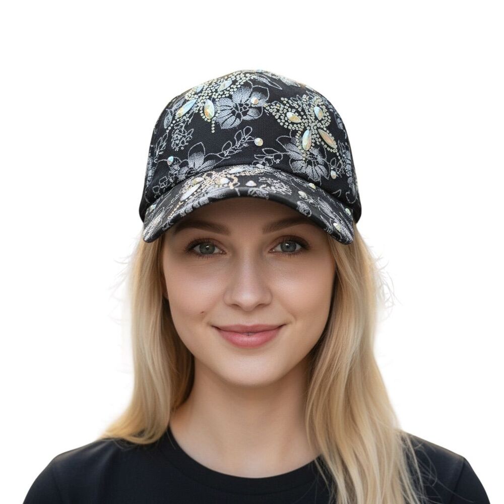 True Love Women's Black Metallic Baseball Cap Butterfly Floral Embroidery